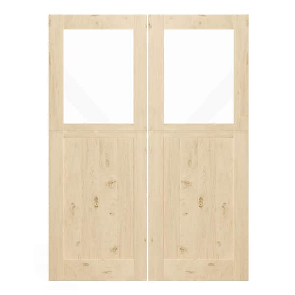 60 in. x 80 in. Finished Dutch Door, Half Bore Clear Glass Split Interior Door Slab with Natural Pine Wood Color