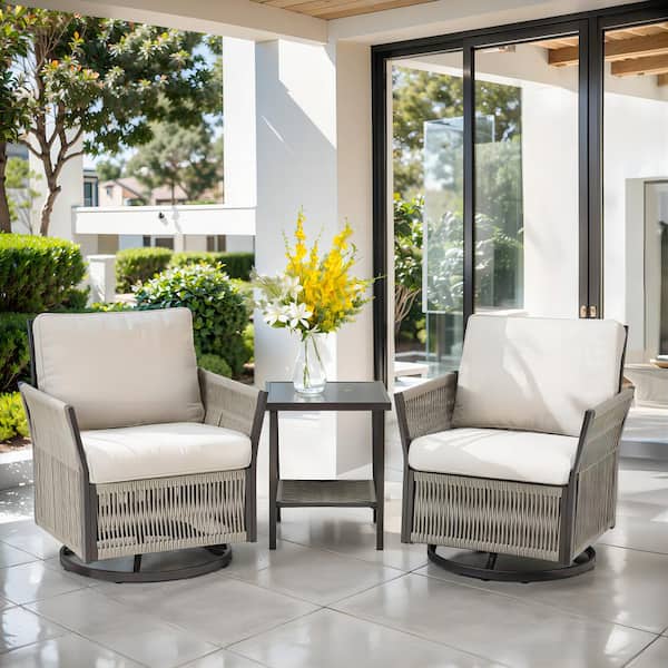 3-Piece Beige Wicker Outdoor Rocking Chair with Beige Cushions