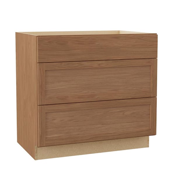 Sinclair 36 in. W x 24 in. D x 34.5 in. H Assembled 3-Drawer Base Cabinet in Shaker Saddle Oak