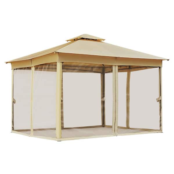 Cesicia 10 ft. x 12 ft. Outdoor Patio Beige Steel Gazebo Canopy Double Roofs Tent with Privacy Screens and Mosquito Netting