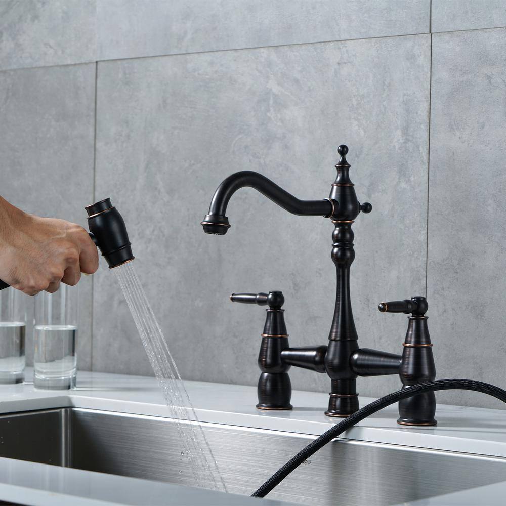 Oil Rubbed Bronze Bridge Kitchen Faucet with Side Sprayer