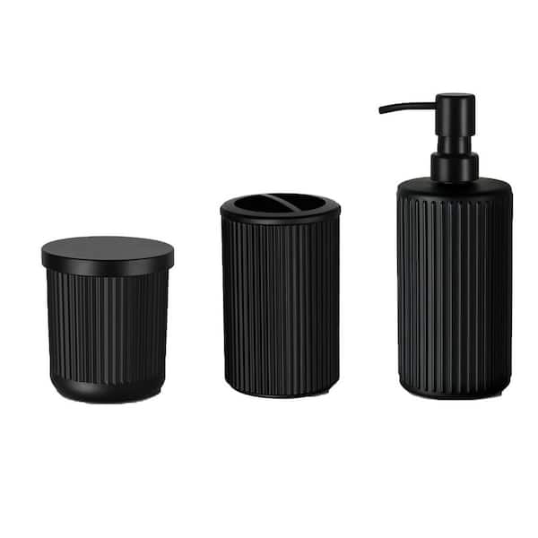 4 Piece Glass Bathroom Sink Accessory Set Matte Black Modern Organizer with Soap Dispenser Toothbrush Qtip Holder