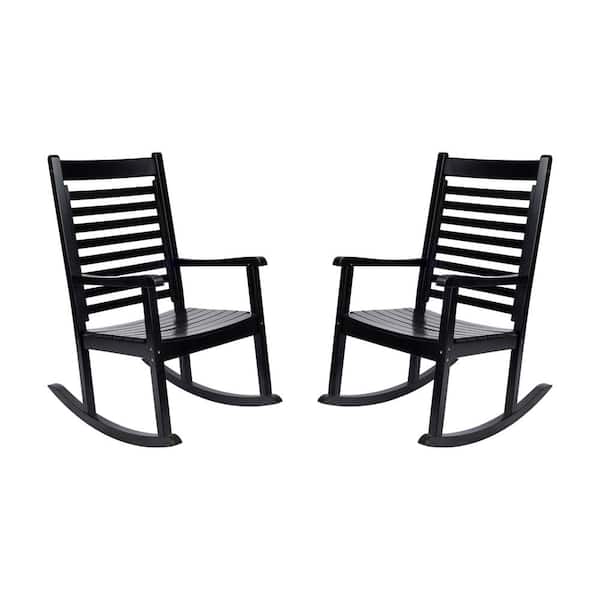 Black Wood Outdoor Rocking Chair Set of 2 Patio Furniture, Porch Rocker, Wooden Rocking Chair, Indoor/Outdoor
