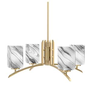 Siena 26 in. 4-Light New Age Brass Chandelier with 3.5 in. Square Onyx Swirl Glass Shade, No Bulbs Included