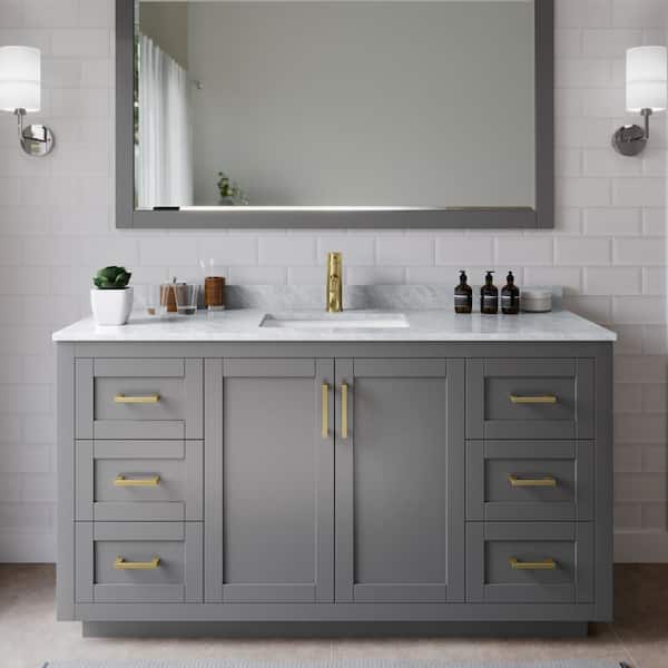 Wyndham Collection Miranda 60 in. W Single Bath Vanity in Dark Gray with Marble Vanity Top in White Carrara with White Basin and Mirror