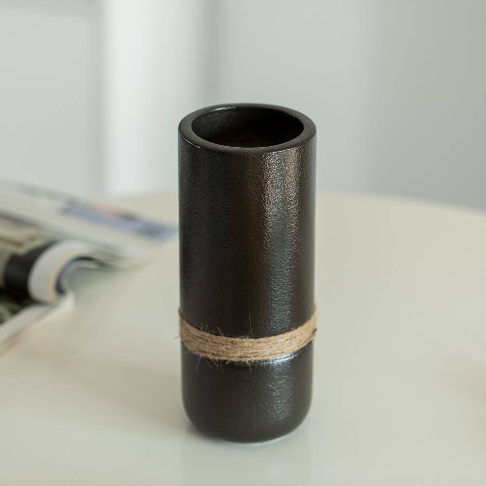 Black Ceramic Cylinder Table Vase Set with Twisted Cord Trim