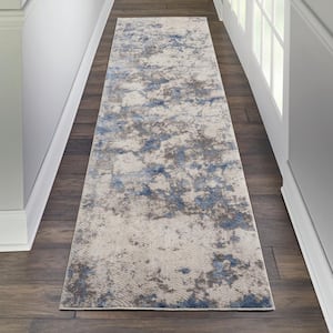 Silky Textures Blue/Ivory/Grey 2 ft. x 8 ft. Abstract Contemporary Runner Area Rug
