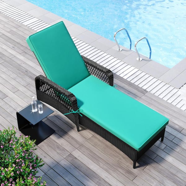 waelph Black Wicker Adjustable Backrest Outdoor Lounge Chair Patio Pool Chair with Green Cushion