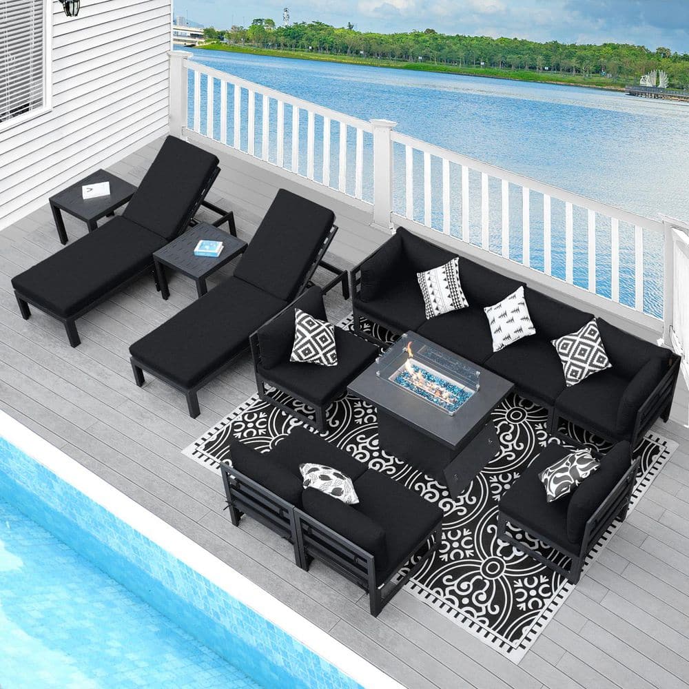 13-Piece Gray Aluminum Outdoor Patio Conversation Set with Black Cushion, Deep Seating Lounges and Fire Pit Table price history on PriceWatchPro
