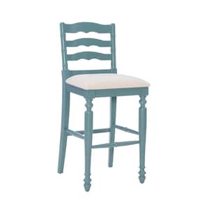 Marino Antique Blue Classic Curved Back Barstool with Neutral Linen Weave Fabric
