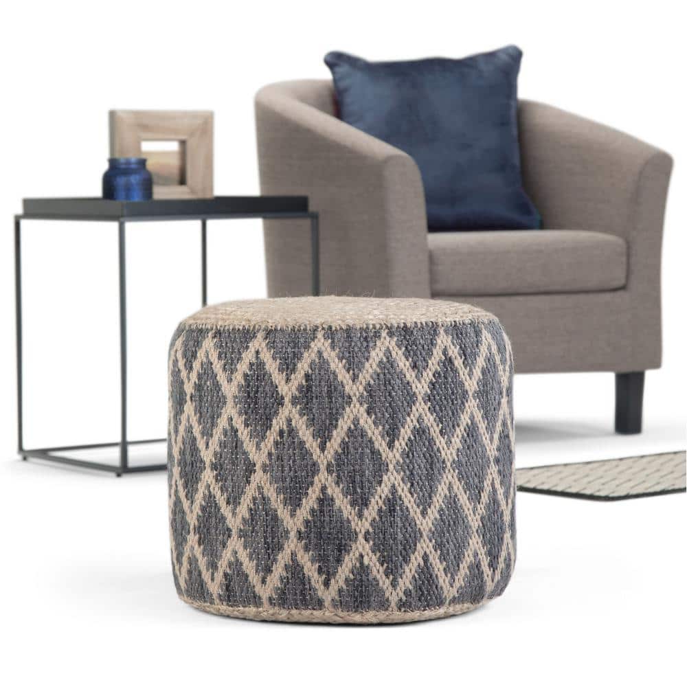 Edgeley Boho Chic Round Pouf in Grey and Natural Jute