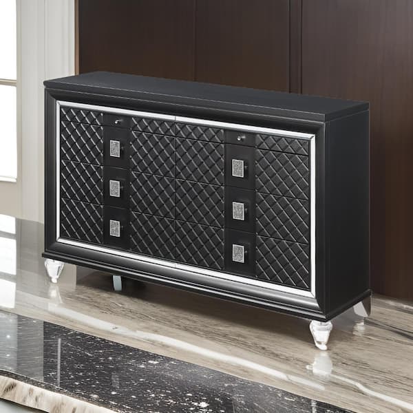Benjara Black 8 drawer 65 in. Wide Dresser with Mirror