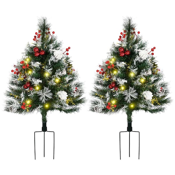 Green Plastic Outdoor Christmas Tree with Warm White LED Lights and 70 Branches (2-Pack)