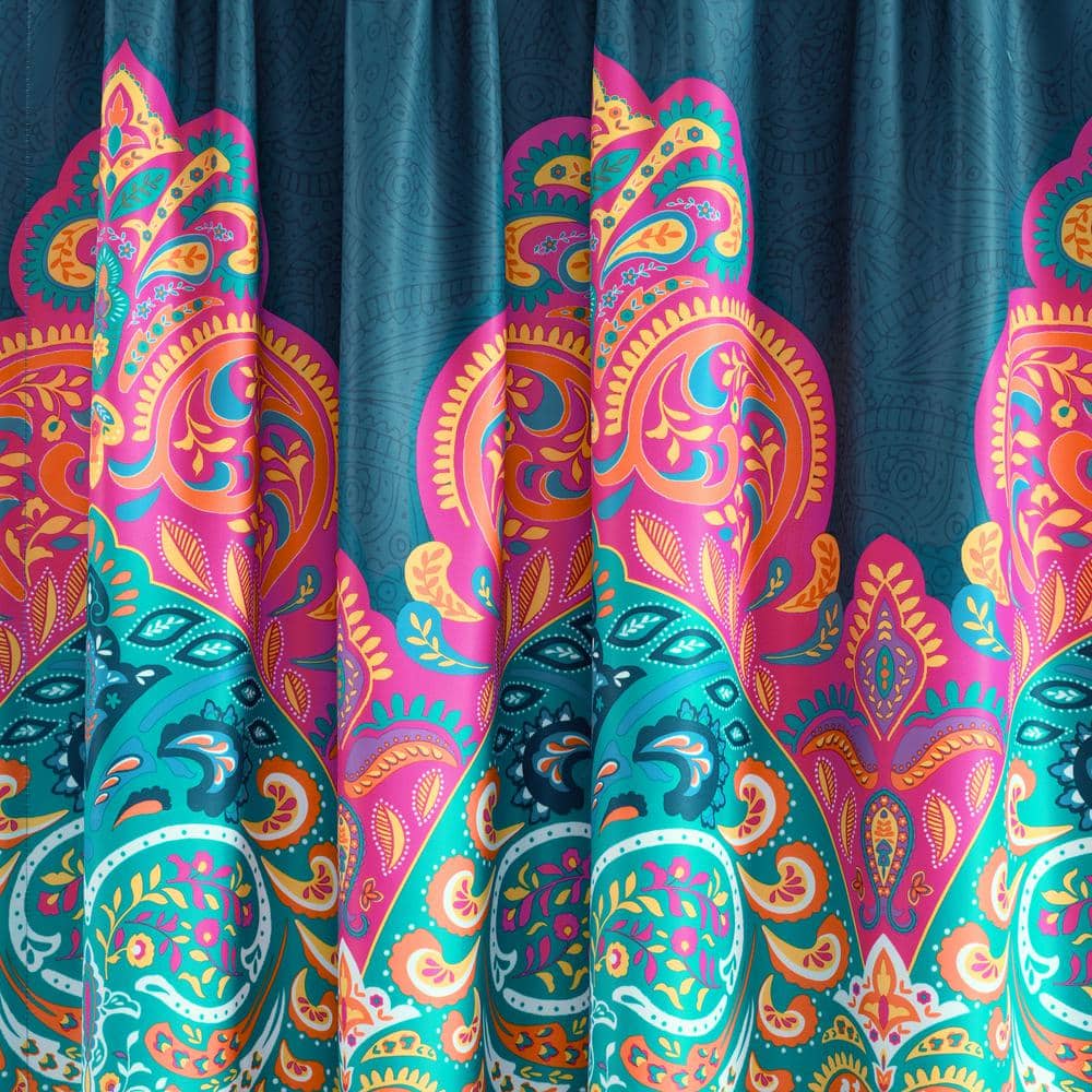Boho Chic Navy Polyester Blackout Window Panels with Rod Pocket