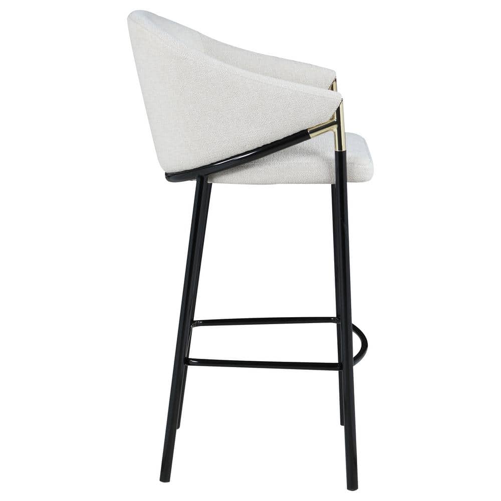Beige Fabric and Black Metal Bar Height Stools with Sloped Arms