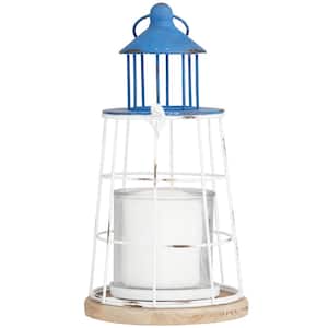Blue Metal Distressed Decorative Light House Candle Lantern with White Frame and Brown Wood Base