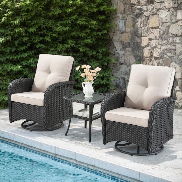 PlainCurve 3-Piece Black Wicker Swivel Outdoor Rocking Chairs Patio Conversation Set with Olefin Beige Cushions
