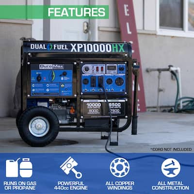 10000/8000-Watt Dual Fuel Electric Start Gasoline/Propane Portable Home Power Back Up Generator with CO Alert Shutdown