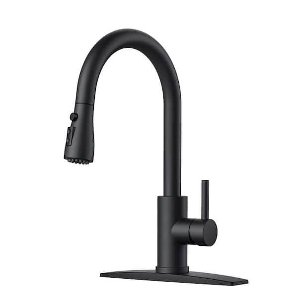FORIOUS Single-Handle Kitchen Faucet with Pull Down Sprayer High-Arc Kitchen Sink Faucet with Deck Plate in Matte Black