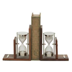 6 in. x 7 in. Silver Aluminum White Sand Timer Bookends on Wood Base (Set of 2)