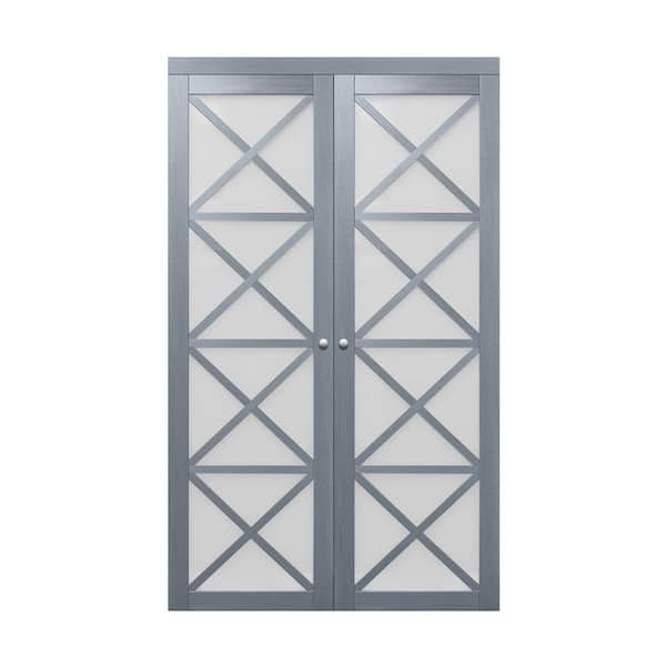 TRUporte 72 in. x 80.25 in. Crochet Graphite Grey Tempered Frosted Glass MDF Interior Closet Pivot Door