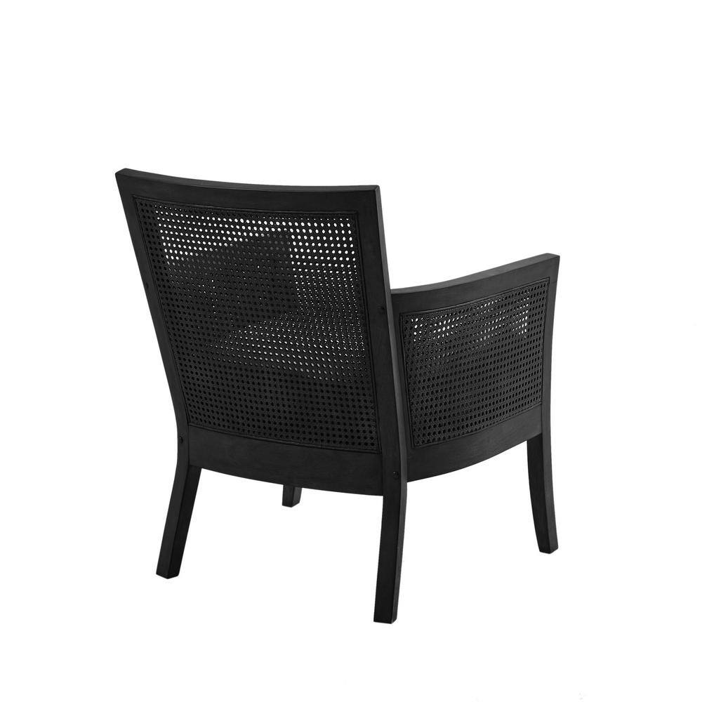 Black Cane and Beige Upholstered Accent Chair with Dark Wood Frame