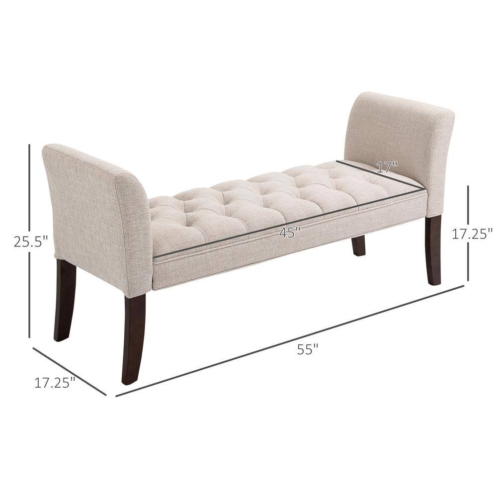 Beige Upholstered Bench with Flared Arms and Wood Legs