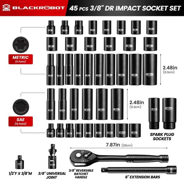 3/8" Drive Impact Socket Set 48 Piece Standard SAE And Metric Sizes 5