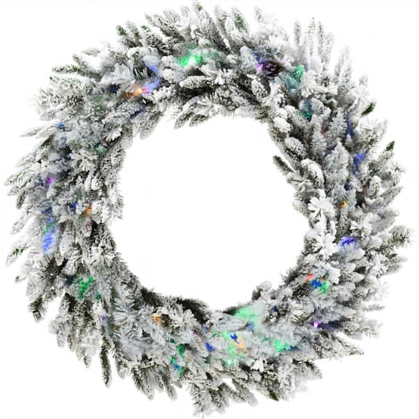 Christmas Time 36 in. Artificial Pre-Lit Flocked Wreath Arrangement with Pinecones