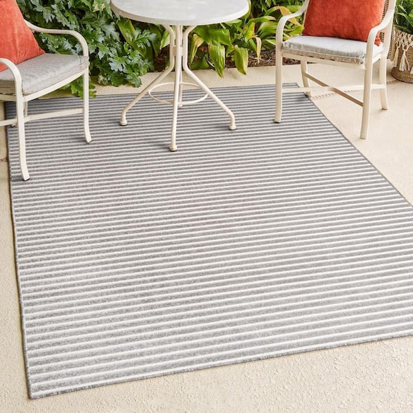 Aarhus High-Low Minimalist Scandi Striped Gray/Ivory 3 ft. x 5 ft. Indoor/Outdoor Area Rug