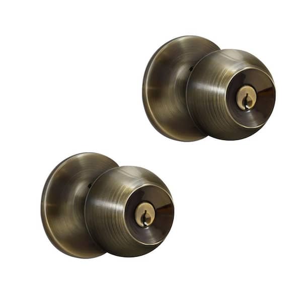 Premier Lock Antique Brass Entry Door Knob with 4 KW1 Keys Keyed Alike (2-Pack)