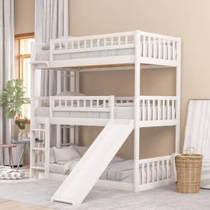 White Triple Bunk Bed with Slide, Wooden Bunk Bed Frame Twin-Over-Twin-Over-Twin, Can be Convertible to 3 Bed