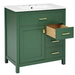 30 in. W. Bathroom Vanity with White Ceramic Sink and Ample Storage in Green for Small Bathrooms