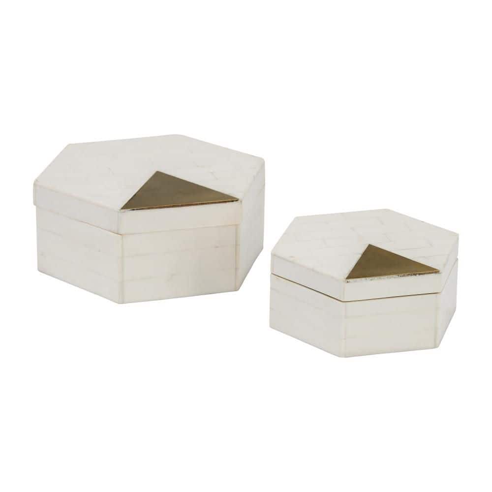 White and Gold Hexagon Resin Decorative Boxes with Brass Inlay, Set of 2