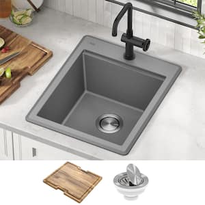 Bellucci Metallic Grey Granite Composite 18 in. 1-Hole Drop-in Workstation Bar Sink with Accessories