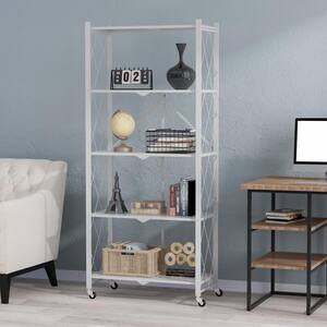 64.3 in. H White Metal 10-Shelf Freestanding Standard Bookcase Foldable Metal Shelf Shelving Unit With Wheels