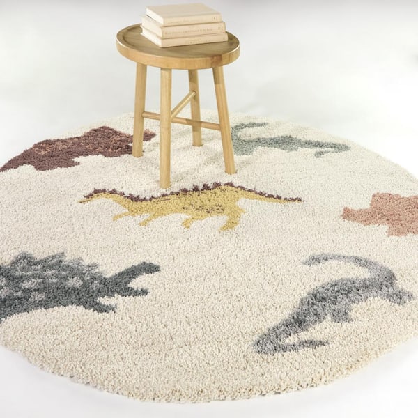 Dinosaur Cream 5 ft. x 5 ft. Novelty Round Area Rug