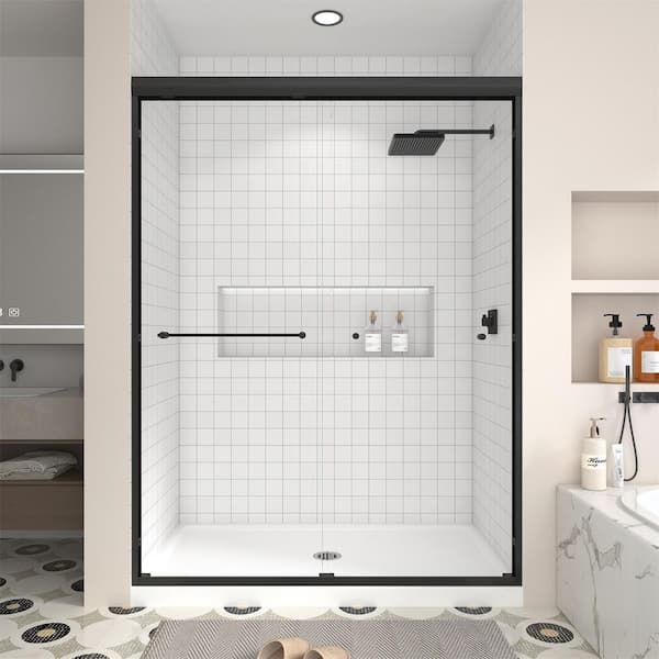 43 in. to 48 in. W x 70 in. H Sliding Framed Shower Door in Matte Black Finish with Clear Glass