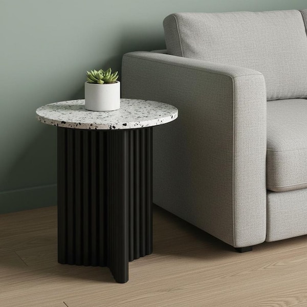 18.11 in. Black, White Round Stone End Table