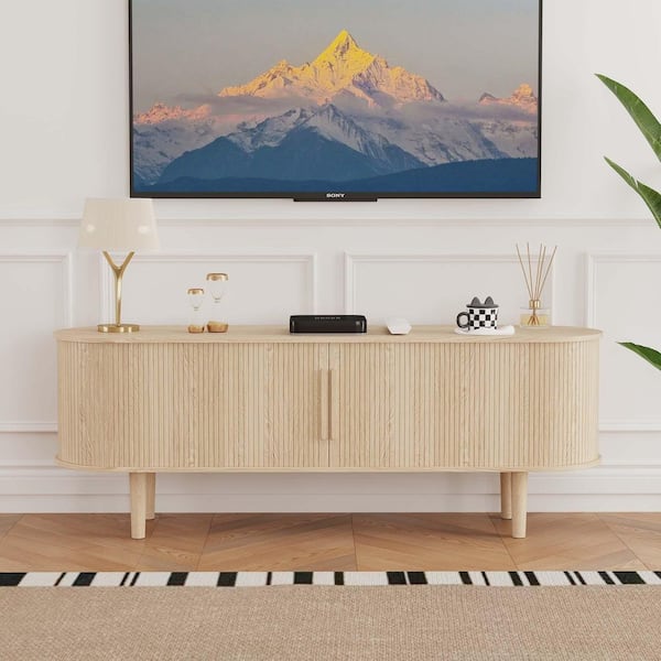 ATHMILE Natural 62.99 in. Wood TV Stand For TVs up to 70 in. With Sliding Door
