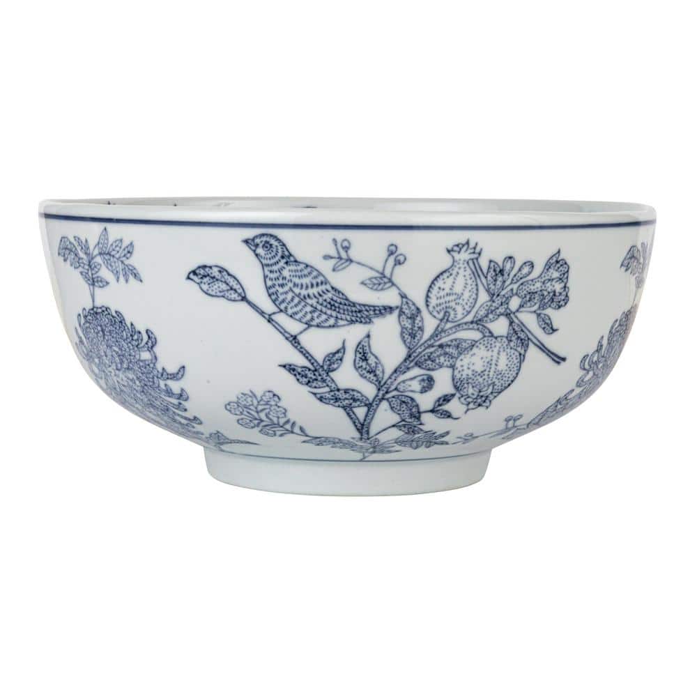 10 in. 105 fl. oz. Blue & White Aviary Garden Stoneware Stoneware Serving Bowl
