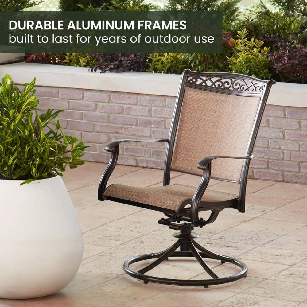 Fontana Bronze 48" Round Cast-Top Table with Tan Sling Swivel Chairs
