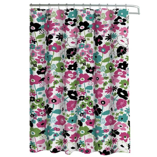 Creative Home Ideas Oxford Weave Textured 70 in. W x 72 in. L Shower Curtain with Metal Roller Hooks in Stencil Floral Pink/Black