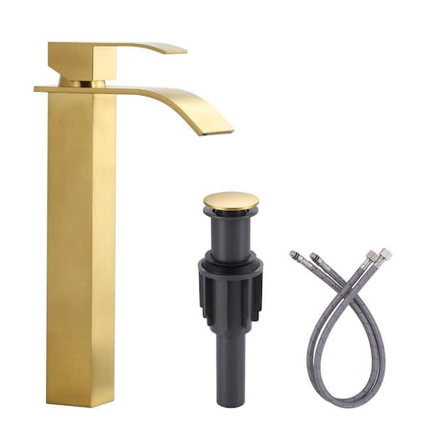 Single Handle Waterfall Single Hole Bathroom Faucet with Drain Kit Included in Brushed Gold