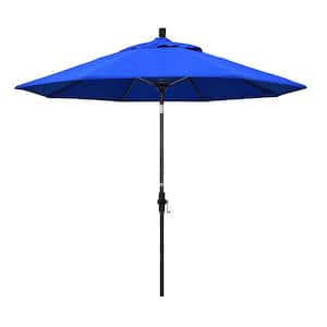9 ft. Matted Black Aluminum Market Patio Umbrella with Fiberglass Ribs Collar Tilt Crank Lift in Pacific Blue Sunbrella