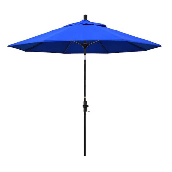 9 ft. Matted Black Aluminum Market Patio Umbrella with Fiberglass Ribs Collar Tilt Crank Lift in Pacific Blue Sunbrella