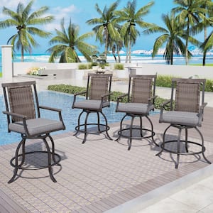 Swivel Metal Outdoor Bar Stool with Grey Cushion (4-Pack)