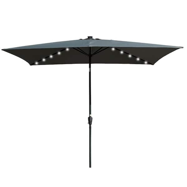 6.5 ft. x 10 ft. Rectangular Steel 26-LED UPF 40 Plus Patio Market Umbrella in Anthracite w/ Push Button Tilt and Crank