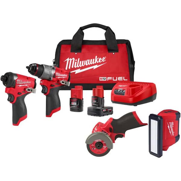 Milwaukee M12 FUEL 12-Volt Li-Ion Brushless Cordless Hammer Drill & Impact Driver Combo Kit w/2 Batteries, Cut Off Saw & Light