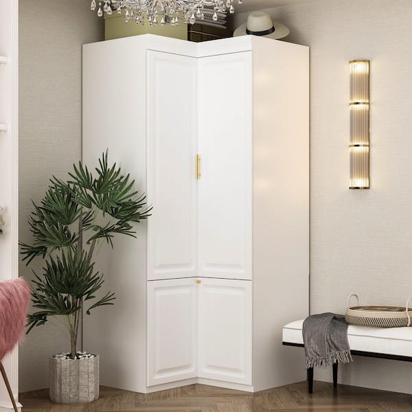 White Wood 35.4 in. W 4-Door Corner Wardrobe Armoires with Hanging Rod, Storage Shelves 74.2 in. H x 35.4 in. D